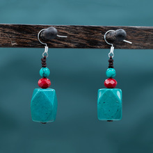 铜镀925银绿松石耳环民族风切面耳坠手工时尚简约气质饰品藏式女