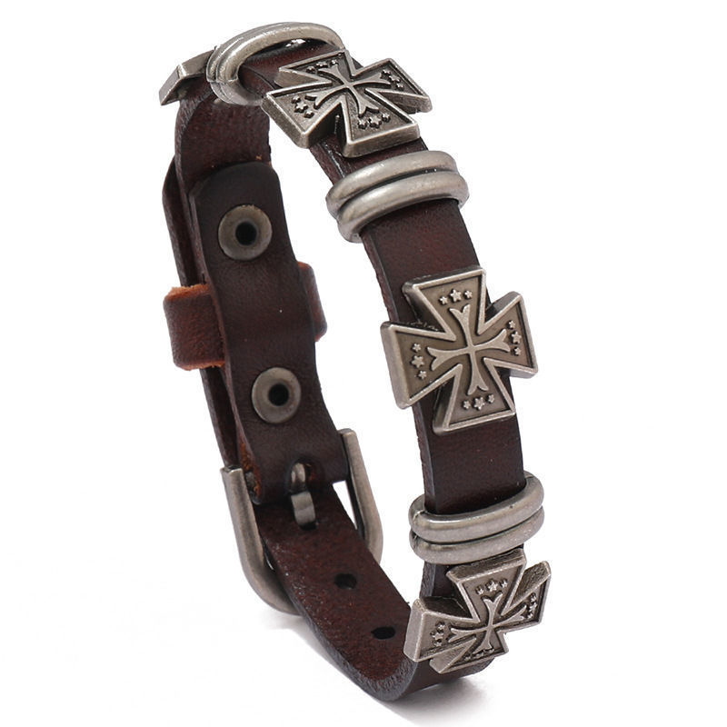 Creatieve, eenvoudige punkstijl kledingaccessoires, persoonlijkheid, Europese en Amerikaanse leren kruisarmband, modetrend_voghion.com