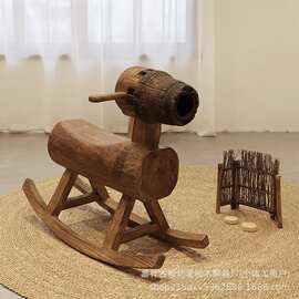 侘寂风榆木摇摇椅家用庭院小孩木马椅哄娃实木骑马凳客厅木马摇椅