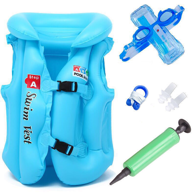 **파란색 구명조끼 + 수영 고글 + 코 클립 + 귀마개 + 펌프 - 사이즈 M 12.5-22.5kg **