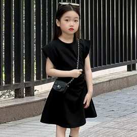 夏季女童连衣裙百搭洋气韩版小黑裙A类棉时尚甜美风女孩裙子