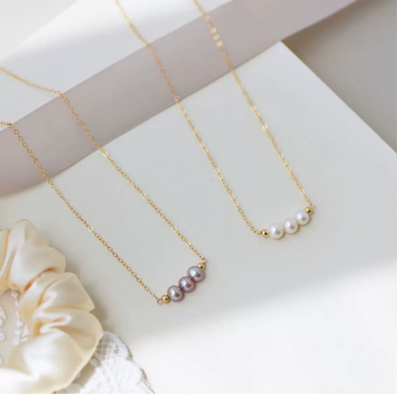 简约气质微笑天然淡水珍珠18K包金项链ins网红锁骨链粉紫三珠项链