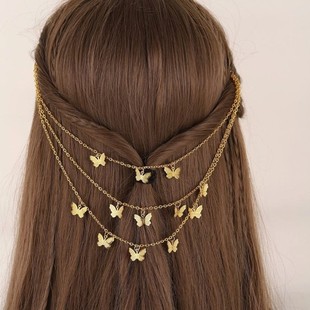 European and American Cross-border Hair Accessories Chain Punk Retro Popular Metal Small Butterfly Hairpin Multi-layer Butterfly Black BB Clip for Women
