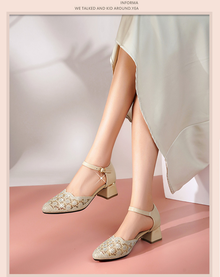 Sandal nữ da thật mũi nhọn cut-out gót dày — đen chi tiết 15