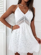 2023欧美独立站亚马逊新款女装吊带裙白色刺绣镂空蕾丝系带连衣裙