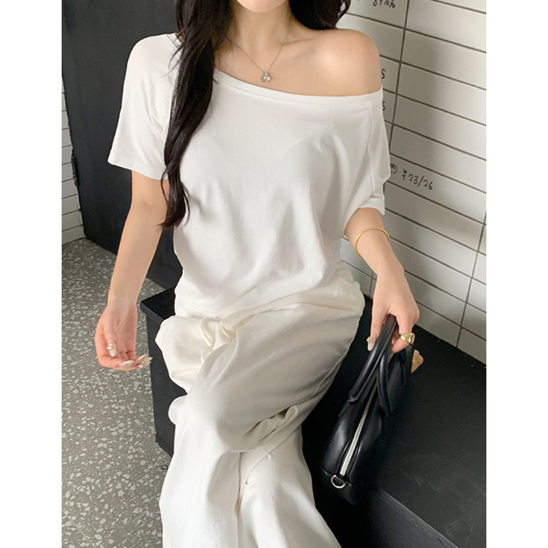 グレーの斜め肩デザインニッチホットガール半袖Tシャツレディース夏ルーズレイジースタイルカジュアルワンショルダートップ|undefined