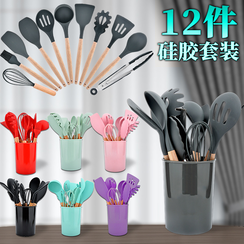Utensilios de cocina de silicona, juego de 12 piezas para uso doméstico, espátula especial antiadherente para sartén con mango de madera, cuchara para sopa, espátula para cocinar y saltear