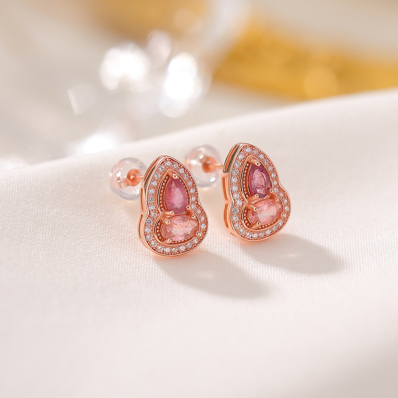 Bông tai bạc S925 mạ vàng hồng đính đá tourmaline hình quả hồ lô lấp lánh — Một cặp (màu tourmaline ngẫu nhiên)