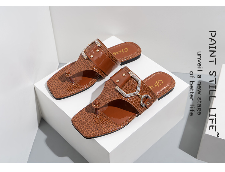 Flip Flops Slides Mode Strass Gürtelschnalle Lässige flache Damensandalen_voghion.com