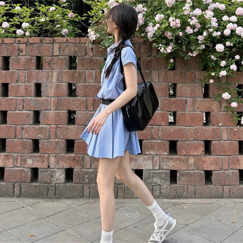 Academy-Style Trendy Striped Shirt Dress for Women 2026, Petite Waist-Cinching Slimming Polo Pleated Short Skirt Academy-Style Trendy Striped Shirt Dress for Women 2026, Petite Waist-Cinching Slimming Polo Pleated Short Skirt