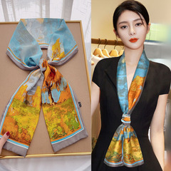 Spring and Autumn Oil Painting French Silk Scarf Hair Band Braided High-End Elegant Scarf Long Korean Versatile Decorating Ribbon for Women