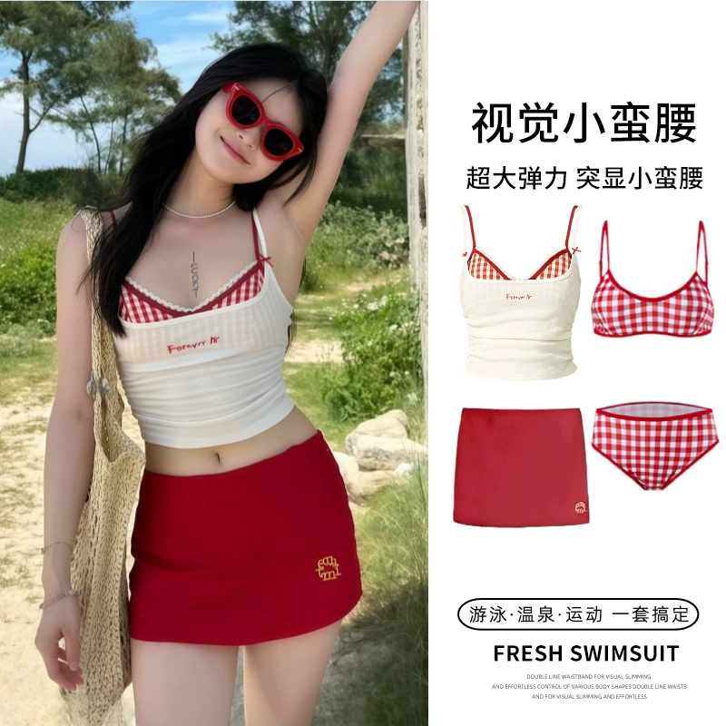 Split Swimwear, Cute Red Gingham Bikini with Skirt, Lifting Effect