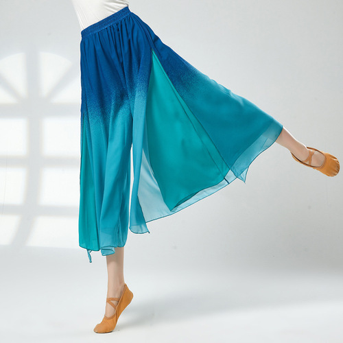 Chinese folk classical dance acrobatics clothing ethnic hanfu dance gradient wide leg pants elegant performance clothing split chiffon female wide-legged pants