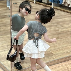 Children's Summer Dress Set 2024, Back Open Tie Knot Half-Sleeve T-Shirt + White Pleated Skirt