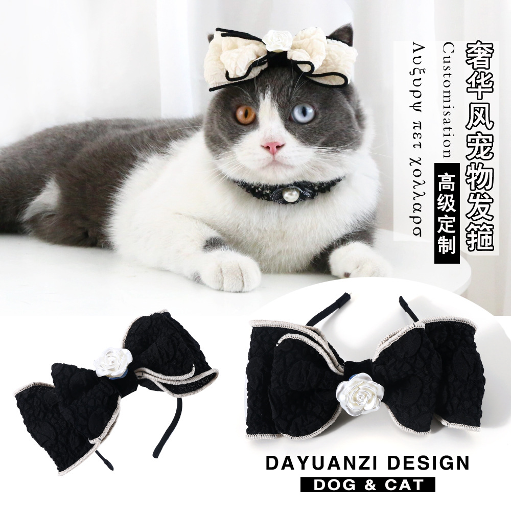 Mascotas gatos perros camellia arco de cabello tocado revista INS accesorios collar de cumpleaños perla image 1
