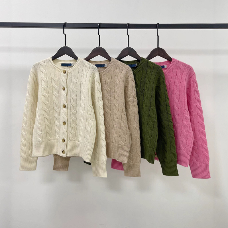 R's High-Quality Classic Hemp Cardigan 80 Wool 20 Cashmere Sweater Pony Embroidered Round Neck Long Sleeves for Women