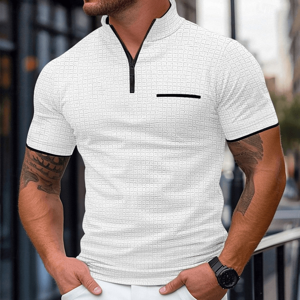 Polo monochrome pour homme - Collection printemps/été européenne/américaine, modèle phare à manches courtes, col montant et fermeture éclair._voghion.com