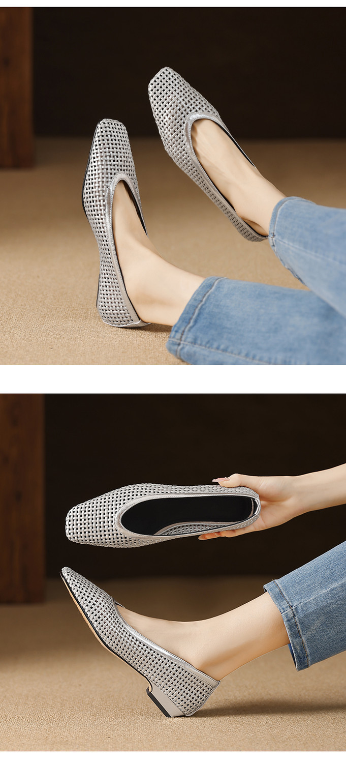 Sandal nữ mũi nhọn gót thấp lưới thoáng khí mũi khoét 2025 — Màu trắng nhạt, bạc chi tiết 5