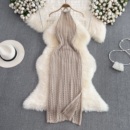 Summer Women's Sexy Slim-fit Sheath Dress with Neckline, Mid-length Slit Backless Sleeveless Hollow-out Knitted Dress