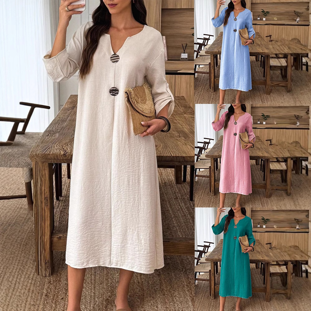 2026 Amazon European and American Cross-Border New Women's Clothing Casual V-Neck Long-Sleeved Cotton and Linen Solid Color Women's Dress Long Skirt