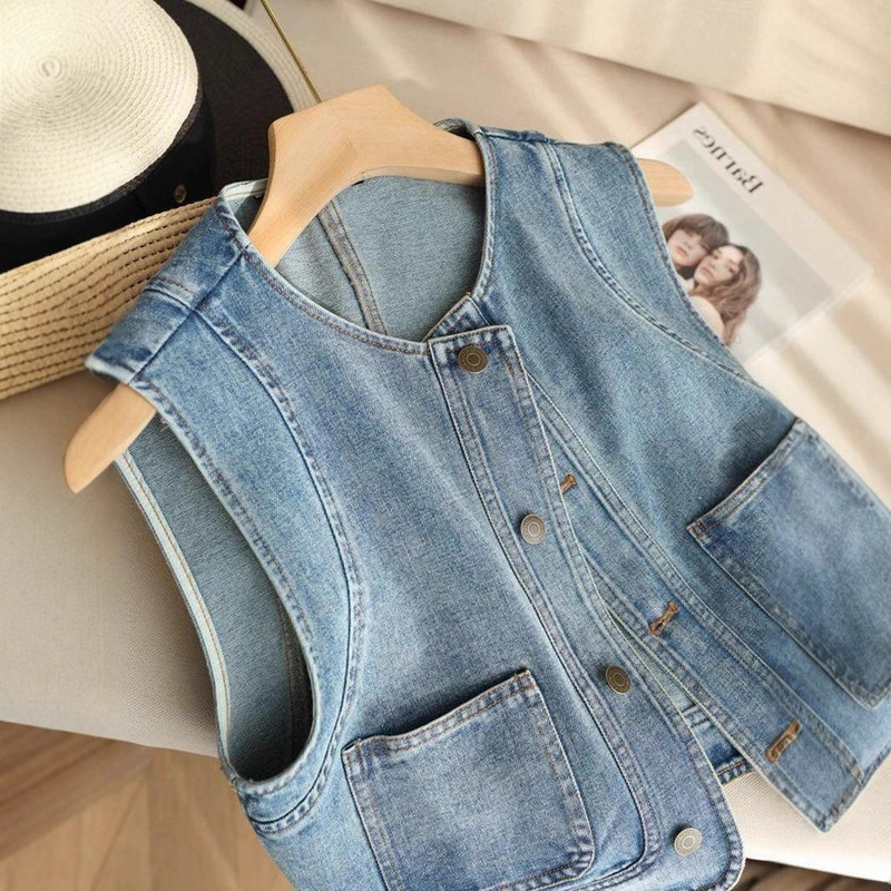 2025 New Korean Style Loose Denim Blue Outer Denim Vest Vest Waistoutwear Short Jacket Vest Top for Women