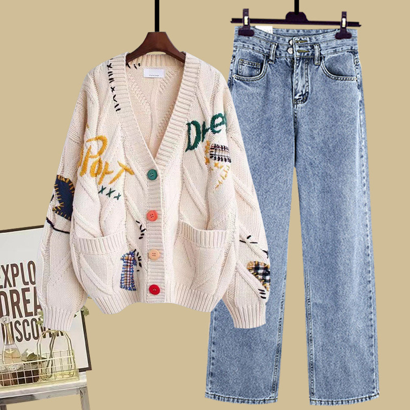 Denim suit# Autumn Dress Chic College Style Knitted Cardigan with Straight Slim Wide Leg Pants High Waist Jeans