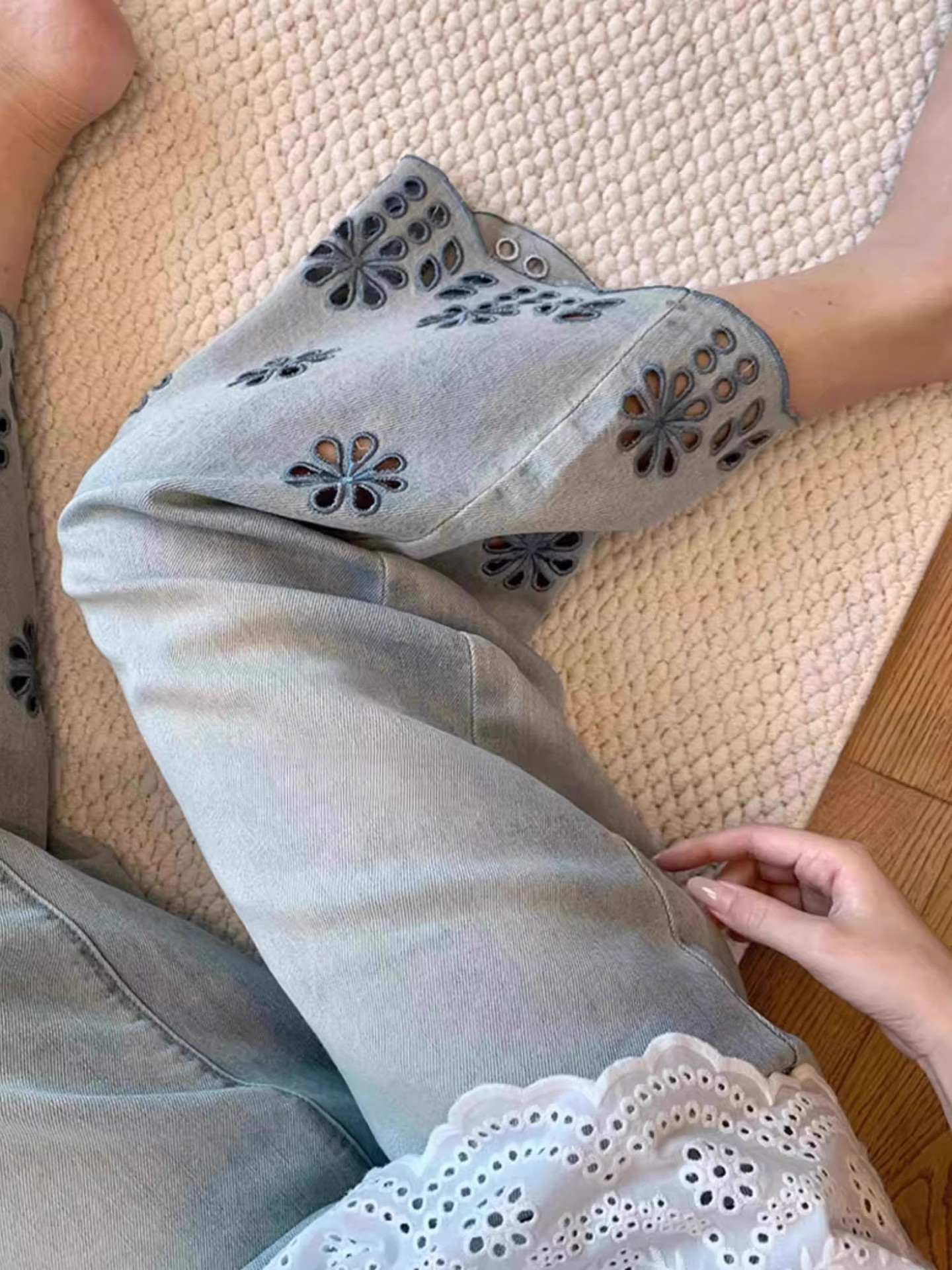 Tencel Hollow Flower Embroidery Straight Jeans Women's Autumn Thin Large Size High Waist Skinny Wide Leg Nine-point Pants_ecoleips.com