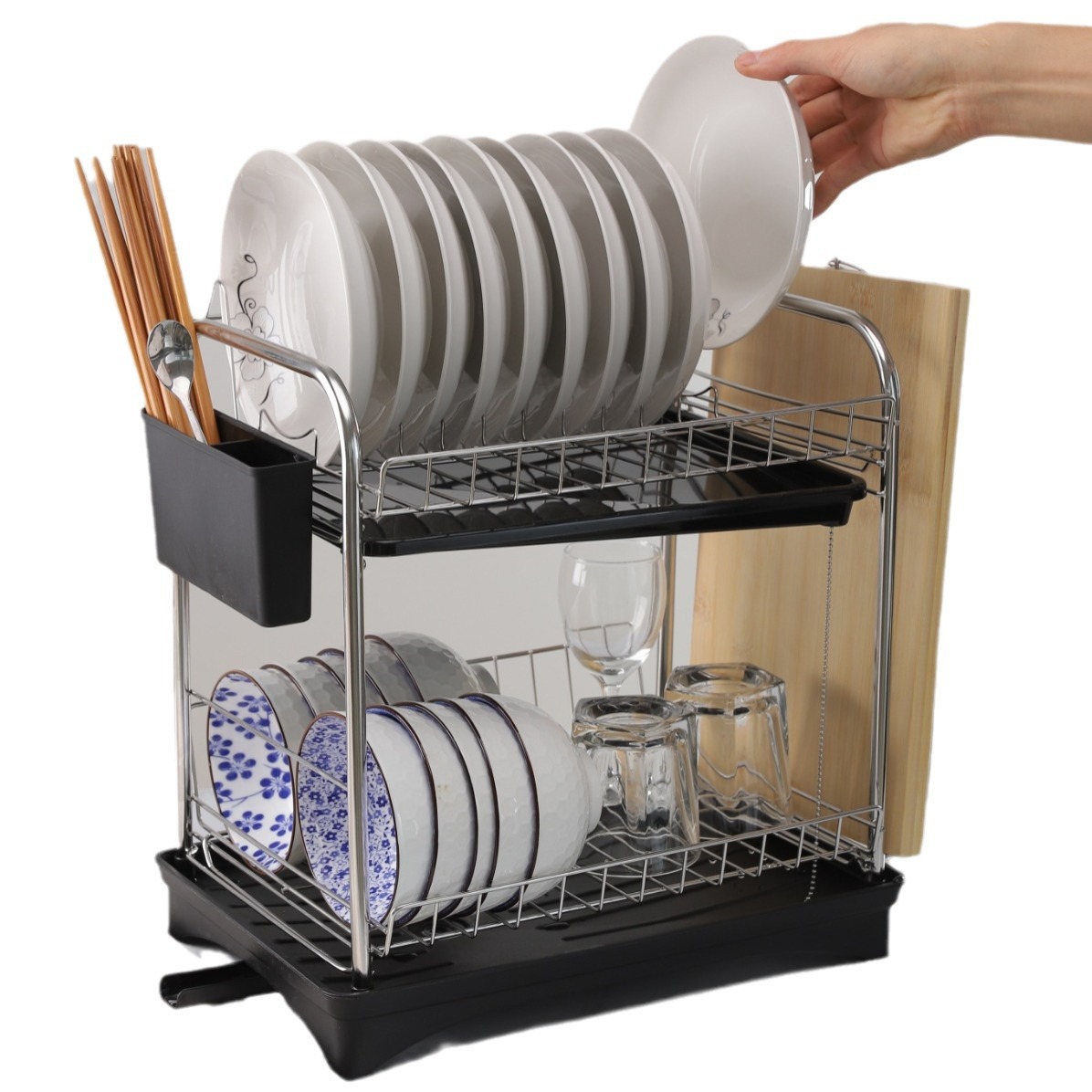 Estante de doble capa de drenaje de la cocina estante de almacenamiento de múltiples capas de gran capacidad de drenaje plato estante de almacenamiento y acabado de la cubierta de la olla