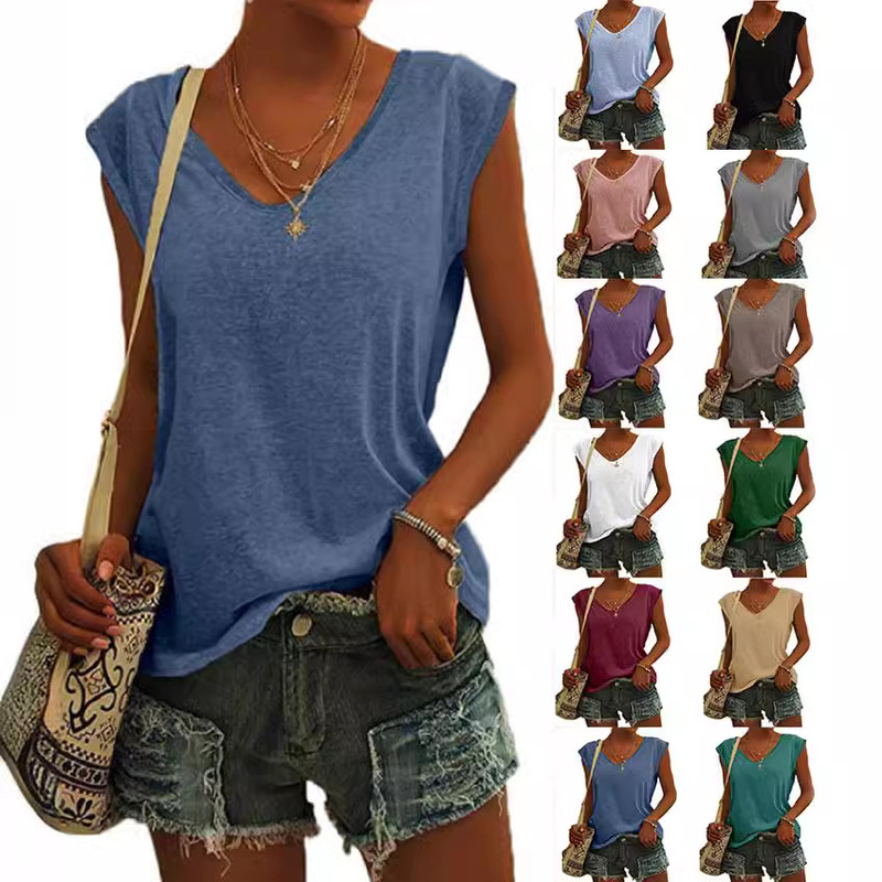 2026 European and American Cross-Border Amazon, Aliexpress, and Wish Hot-Selling New Women's Clothing Solid Color V-Neck Cap Sleeve Loose T-Shirt 2026 European and American Cross-Border Amazon, Aliexpress, and Wish Hot-Selling New Women's Clothing Solid Color V-Neck Cap Sleeve Loose T-Shirt