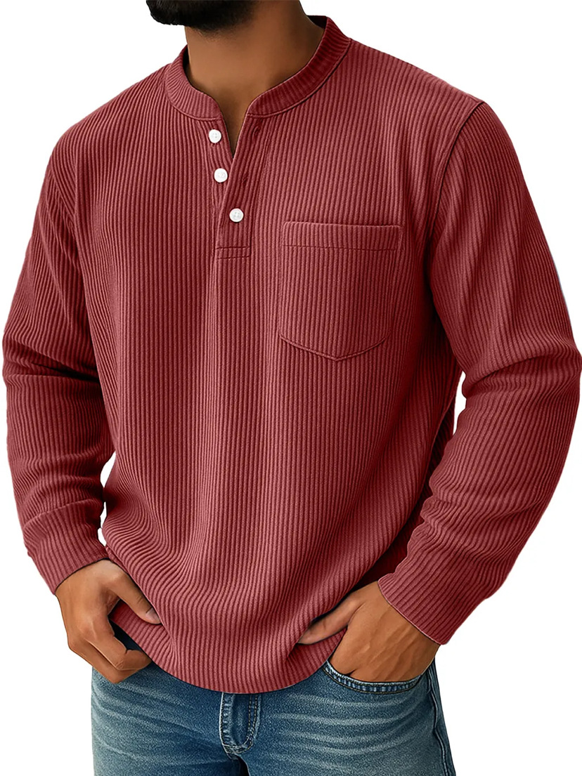 Men's Corduroy Polo Shirt Solid Colour Three-button Collar Top_voghion.com