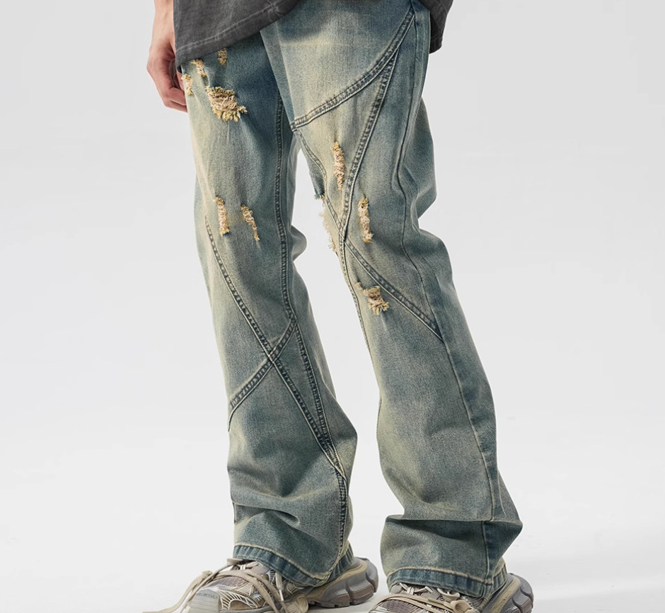 American Old Worn Jeans Men's Loose And Slightly High Street Line Design Style Pants_mkmklike.com