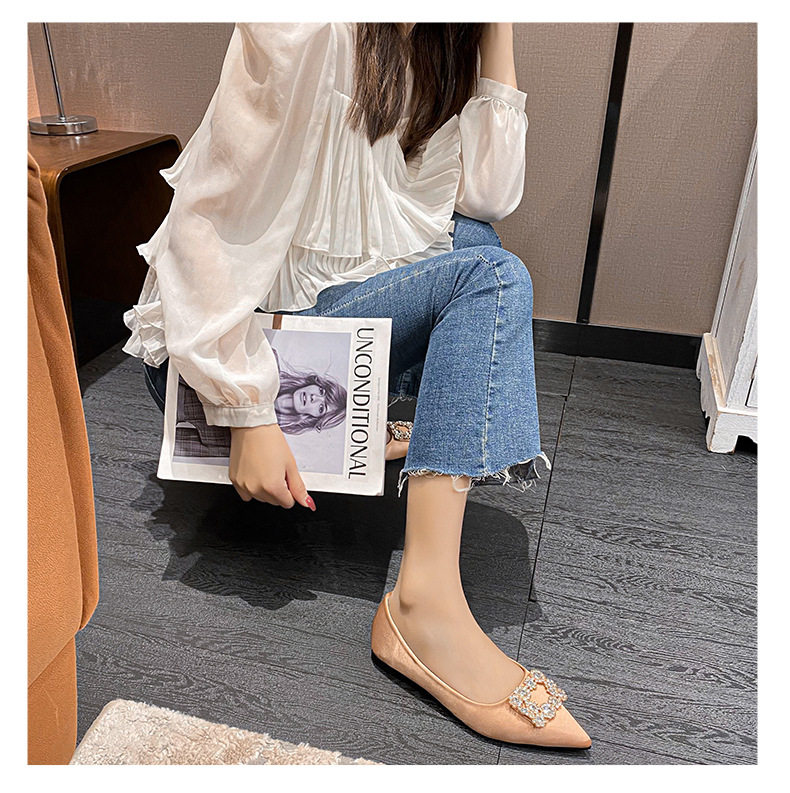 Giày búp bê nữ mũi nhọn gót thấp khóa vuông đính đá, đế cao su — Màu bạc, Màu vàng, Màu đen chi tiết 24