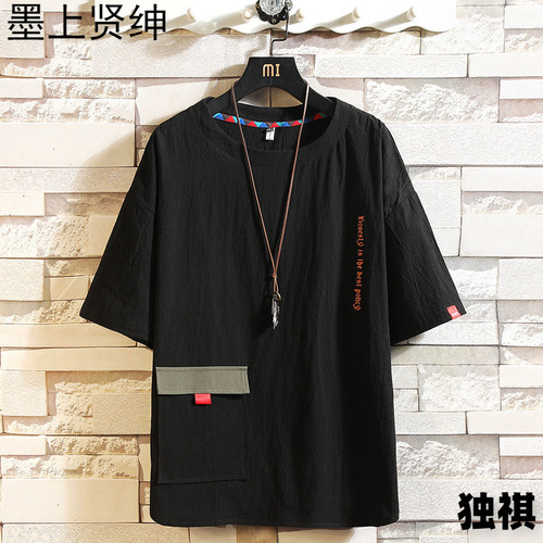 Relaxed style linen short-sleeved t-shirt for men, summer Chinese fashion, plus size cotton linen Tang suit, Chinese style men's clothing, Zen clothing top