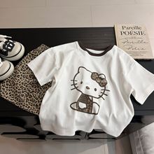 现货大小卷25夏女童T恤衫短袖儿童豹纹卡通猫咪韩国上衣可爱外贸