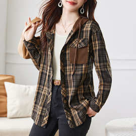 实拍年秋装中长款衬衫宽松格子上衣女连帽外套大码薄外套