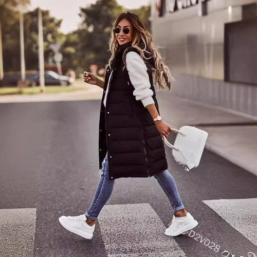 2025 Trendy Plain Color Hooded Zipper Mid-Length Cotton Vest with Slim Fit, Elegant Style Open Cardigan Coat Top for Women