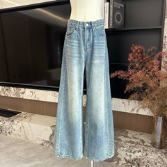 2025新型春夏水洗いブルーワイドパンツゆったりとしたファッションの長いデザイン感のあるジーンズ