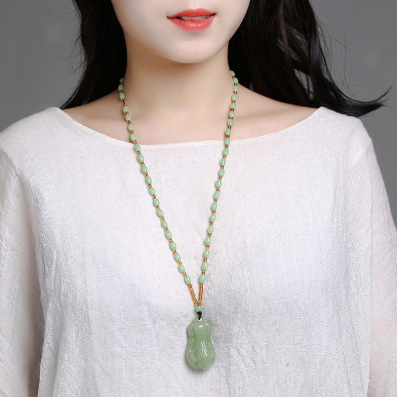 Mặt dây chuyền ngọc Hetian tự nhiên hình bắp cải Ruyi kèm dây chuyền chi tiết 7