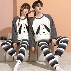 睡衣秋冬季情侣珊瑚绒加厚加绒卡通冬款青年男女半边绒居家服套装