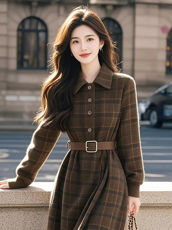 今年流行美拉德千金长裙气质轻奢高级感小香风格纹连衣裙女秋季|undefined
