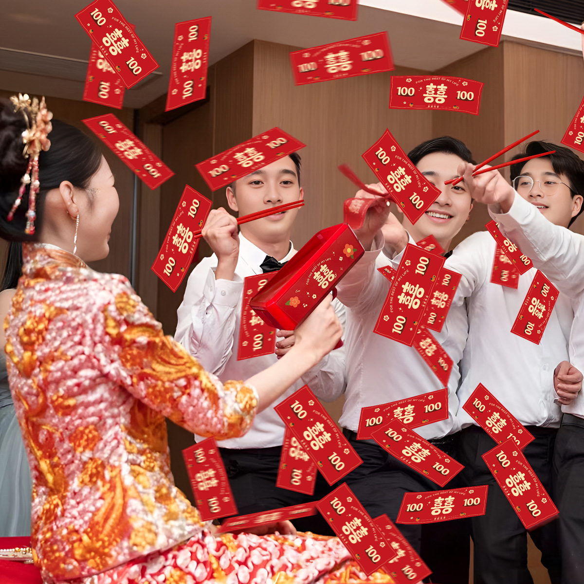 Pistola de rociador de dinero, palillos, tickets de casamiento, accesorios de bloqueo de puerta, novio, atmósfera de tickets de boda, máquina de rociador de tickets