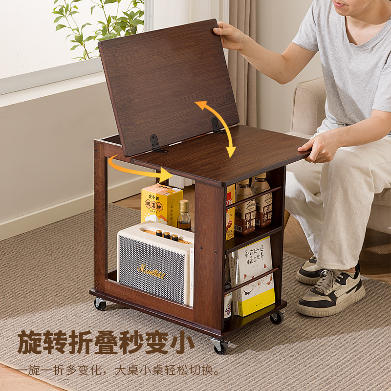 モバイルコーヒーテーブル折りたたみテーブル小さなアパートのリビングルームホームソファバルコニーダイニングテーブル兼用無垢材中古カート|undefined
