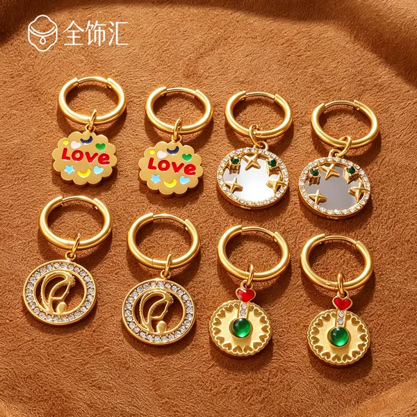 European and American retro cross-border versatile embossed round pendant earrings, stainless steel gold-plated colorful hollow oil-drip earrings