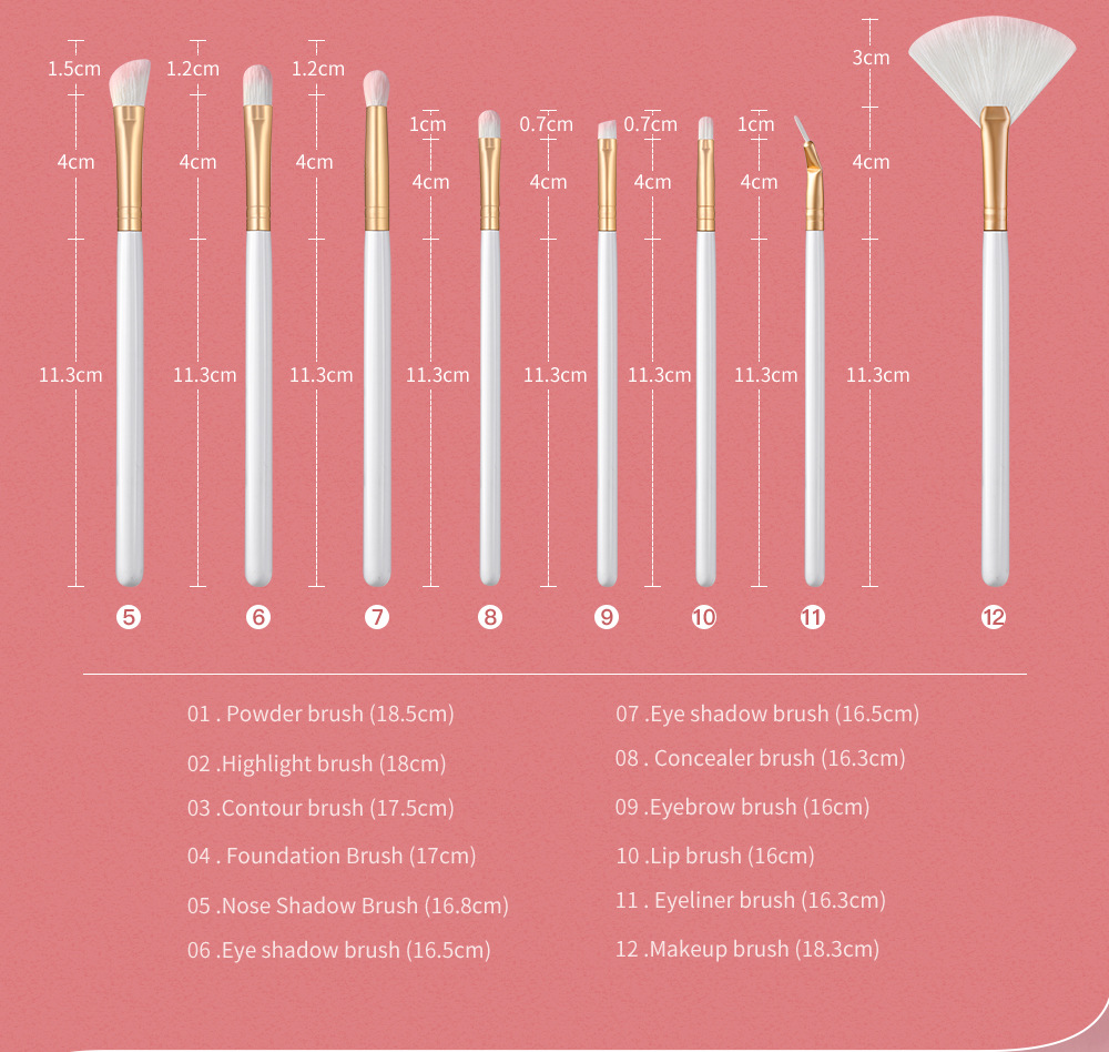 220g Weight White Color New 12 Round Tail Makeup Brush Set Eye Shadow Brush Mascara Brush Full Set Of Beauty Tools Cross-border Spot Factory Supply 7