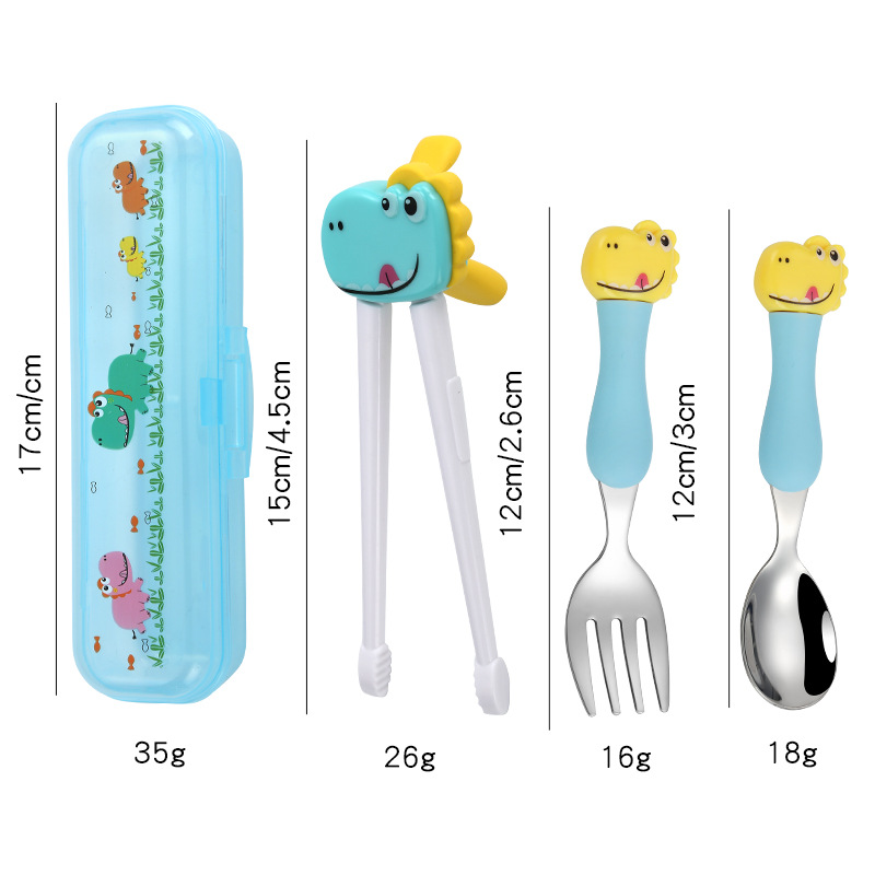Dinosaur spoon fork chopsticks+storage box [yellow blue]