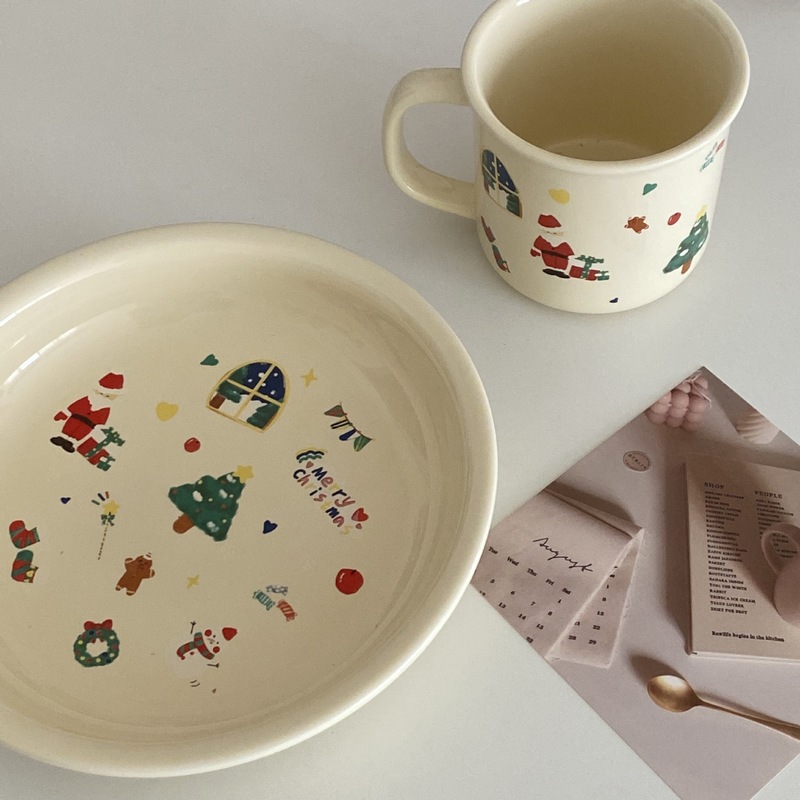 クリスマス限定! かわいいクリーム落書きクリスマス陶磁器カップデザート皿セットマグカップクリスマス装飾プレゼント|undefined
