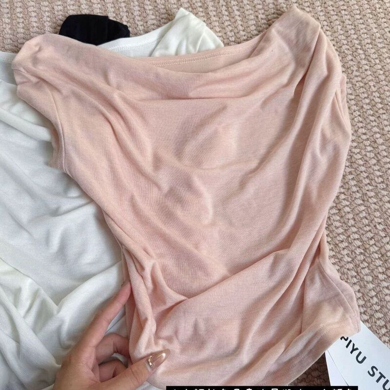 Beautiful Women's Everyday Casual Off-Shoulder, Draped Collar, Pure Desire Style Slim-Fit Short-Sleeve T-Shirt, New Summer Model, Slimming and Elegant Top Beautiful Women's Everyday Casual Off-Shoulder, Draped Collar, Pure Desire Style Slim-Fit Short-Sleeve T-Shirt, New Summer Model, Slimming and Elegant Top
