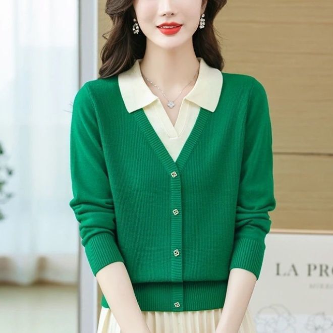 2025 New Autumn and Winter Fashion Knitwear Women's Fake Two-Piece Knitwear Pure Color Fashion Top Outer Top Women's Pullover