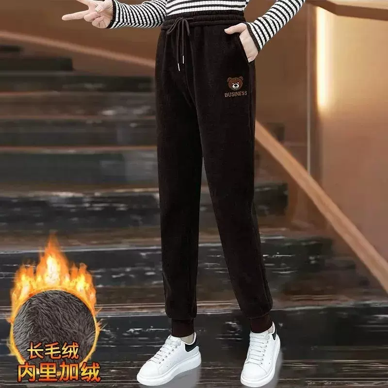 加绒加厚卫裤女2025秋冬新款灯芯绒宽松束脚哈伦裤运动休闲裤小熊