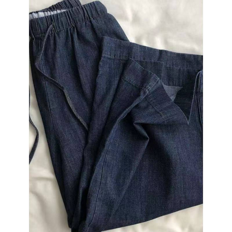 Japanese-Style Elastic High-Waisted Tencel Jeans for Women, Loose Slimming Plus-Size Summer Drawstring Cropped Straight Wide-Leg Pants